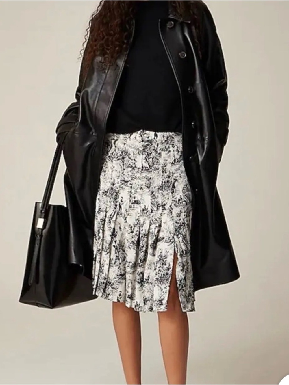J. Crew Black & White Printed Pleated Midi Skirt with Side Slit
